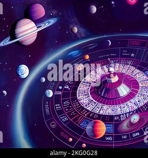 Futuristic casino with inter galactic roulette wheels, planets orbiting nearby, try your luck in the game of reality we find ourselves in Stock Photo