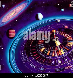 Futuristic casino with inter galactic roulette wheels, planets orbiting nearby, try your luck in the game of reality we find ourselves in Stock Photo