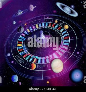 Futuristic casino with inter galactic roulette wheels, planets orbiting nearby, try your luck in the game of reality we find ourselves in Stock Photo