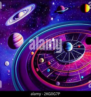 Futuristic casino with inter galactic roulette wheels, planets orbiting nearby, try your luck in the game of reality we find ourselves in Stock Photo