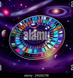 Futuristic casino with inter galactic roulette wheels, planets orbiting nearby, try your luck in the game of reality we find ourselves in Stock Photo