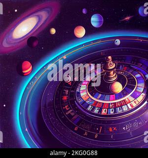 Futuristic casino with inter galactic roulette wheels, planets orbiting nearby, try your luck in the game of reality we find ourselves in Stock Photo