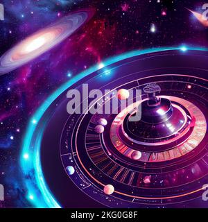 Futuristic casino with inter galactic roulette wheels, planets orbiting nearby, try your luck in the game of reality we find ourselves in Stock Photo