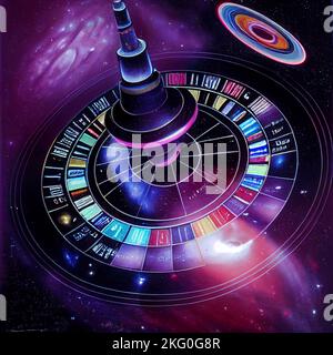 Futuristic casino with inter galactic roulette wheels, planets orbiting nearby, try your luck in the game of reality we find ourselves in Stock Photo