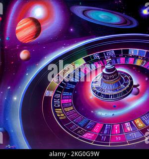 Futuristic casino with inter galactic roulette wheels, planets orbiting nearby, try your luck in the game of reality we find ourselves in Stock Photo