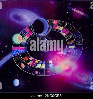 Futuristic casino with inter galactic roulette wheels, planets orbiting nearby, try your luck in the game of reality we find ourselves in Stock Photo