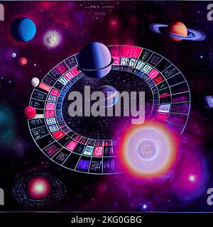 Futuristic casino with inter galactic roulette wheels, planets orbiting nearby, try your luck in the game of reality we find ourselves in Stock Photo