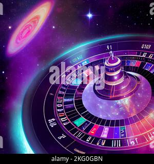 Futuristic casino with inter galactic roulette wheels, planets orbiting nearby, try your luck in the game of reality we find ourselves in Stock Photo