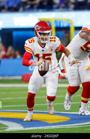 INGLEWOOD, CA - NOVEMBER 20: Kansas City Chiefs quarterback Patrick Mahomes  (15) throws a pass during the NFL regular season game between the Kansas  City Chiefs and the Los Angeles Chargers on