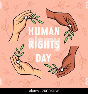 hand drawn human rights day illustration with hand holding leaves Stock Vector
