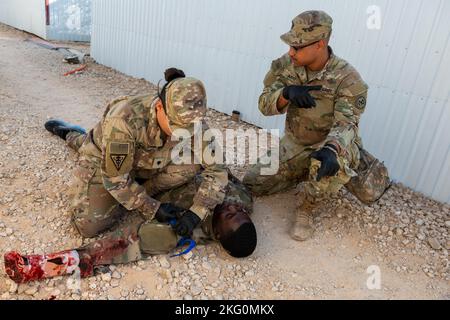 U.S. Army Spc. Chelin Wright, with the 169th Medical Detachment Veterinary Services applies a touniquet to a training casualty, during a Tactical Combat Casualty Care course at Prince Sultan Air Base, Kingdom of Saudi Arabia, Oct. 20, 2022. During the TCCC training, Soliders practiced combat life saving techniques during a simulated casualty scenario. Stock Photo