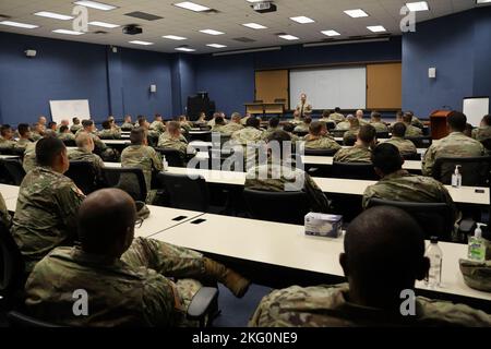 Master Sgt. Earl Plumlee, an Oklahoma native and a Medal of Honor recipient, speaks to a packed Snow Hall classroom of noncommissioned officers to establish the importance of their role in the Army, opportunities ahead for them, and about taking care of their Soldiers. Stock Photo