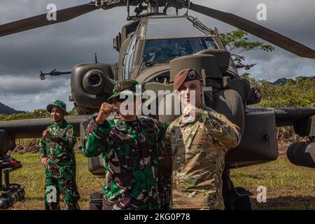 Soldiers from the Indonesian Army and the 5th Security Force Assistance Brigade participate in the Joint Pacific Multinational Readiness Training Center (JPMRC) rotation 23-01 opening ceremony on Area X-Ray at Schofield Barracks, Hawaii, Oct. 20, 2022. US-Indonesia defense cooperation has never been stronger or more comprehensive. America is proud to be Indonesia’s largest military partner and their participation in JPMRC 23-01 directly contributes to deepening our relationship and increasing Indonesia’s security preparedness. Stock Photo