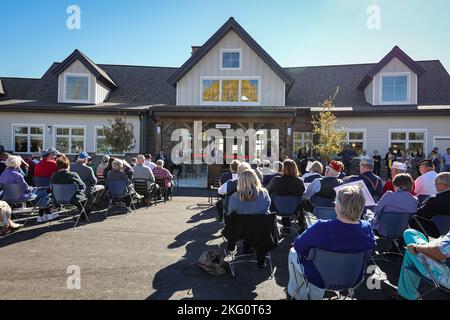 Commissioner Jack Tarter gives remarks as the Wyoming Veterans Home celebrated a grand opening ceremony for their new skilled nursing facility on the grounds in Buffalo, Wyo., on Oct. 20, 2022. The new facility provides residential care and treatment to veterans, their spouses, and Gold Star Families. Stock Photo