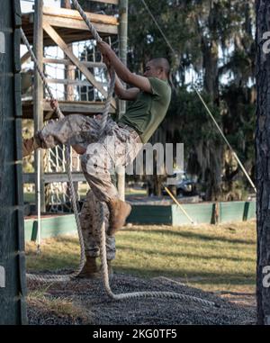 Recruits with Oscar Company, 4th Recruit Training Battalion, maneuver through obstacles on the confidence course aboard Marine Corps Recruit Depot Parris Island, S.C., Oct. 20, 2022. The confidence course consists of various obstacles that challenges recruits both physically and mentally. Stock Photo