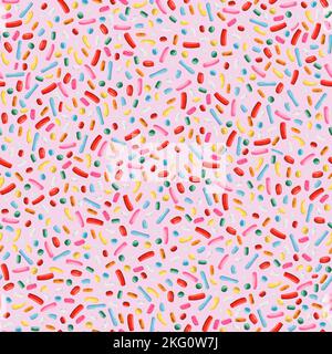 Hand drawn seamless pattern with many colorful decorative sprinkles on light pink background. Best for banner, poster, flyer, card, postcard, cover, b Stock Photo