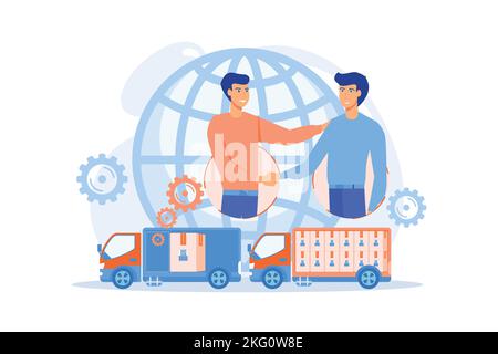 Worldwide shipping service, international distribution. Collaborative logistics, supply chain partners, freight cost optimization concept. flat vector Stock Vector