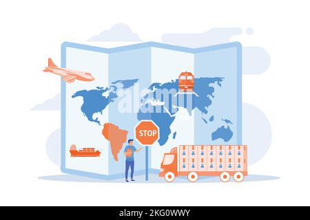 Banned products transportation, smuggling. Embargo regulation, sanctions goods, limited importation exportation of goods concept. flat vector modern i Stock Vector