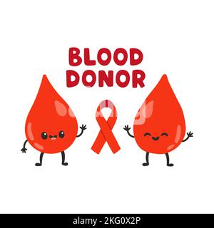 Blood donor, cute blood drops and red ribbon. Hand drawn Vector illustrations. Donate Blood, Health Care Concept Stock Vector