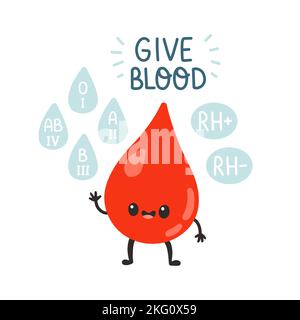 Blood donor, cute blood drop and lettering. Hand drawn Vector illustrations. Donate Blood, Health Care Concept Stock Vector