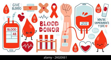 Blood donor stickers set, blood bag, hearts, cute blood drop, rh factor. Hand drawn vector illustration Stock Vector
