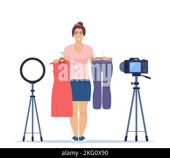 Woman blogger records video tips for choosing clothes, shows trending clothing models to her subscribers. Brand or product promotion, marketing campai Stock Vector