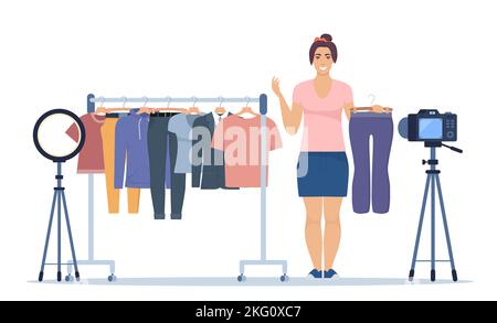 Woman blogger records video tips for choosing clothes, shows trending clothing models to her subscribers. Brand or product promotion, marketing campai Stock Vector