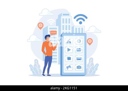 A mens near huge smartphone with application icons on the screen checking social media and news feeds. Social media, news tips, IoT and smart city con Stock Vector