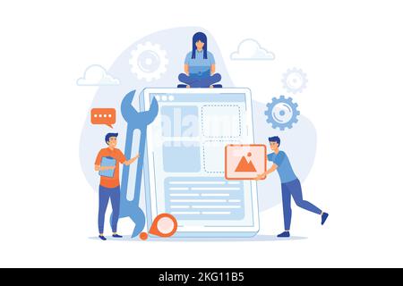 Mobile app engineering flat vector illustration. Front end development, application responsive UI, UX layout, content management. flat vector modern i Stock Vector