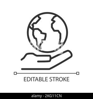 Globe on hand pixel perfect linear icon Stock Vector