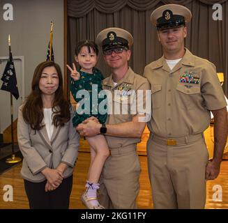 Chief Hospital Corpsman Joshua Wicker, assigned to the mine countermeasures ship USS Warrior (MCM 10), poses for a photo during a chief petty officer pinning ceremony at Commander, Fleet Activities Sasebo Oct. 21, 2022. The rank of chief petty officer was created April 1, 1893, and the chief petty officer pinning ceremony is a unique tradition to the U.S. Navy that signifies promotion to a crucial position of leadership and responsibility. Stock Photo