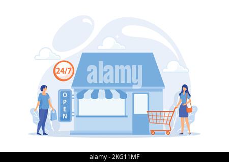 24 hours open shop flat vector illustration. Local store, 24 7 service, around clock marketing concept. Buyers with purchases characters. flat vector Stock Vector