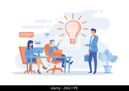 Office meeting, brainstorm vector illustration. Creative idea generation, company workers cooperation, innovation discussion concept. flat vector mode Stock Vector