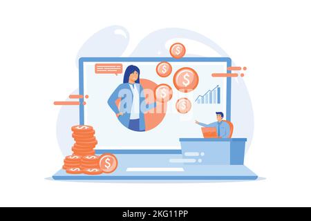 Online financial consulting flat vector illustration. Business investment, budget planning, bank helpline concept. Finance consultant and customer dis Stock Vector