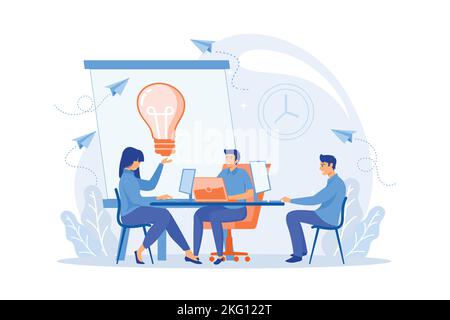Business conference flat vector illustration. Office meeting, corporate presentation, coworking space concept. Businessmen brainstorm and teamwork. fl Stock Vector