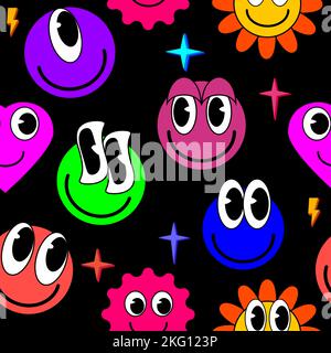 Smiley faces stickers, trippy seamless pattern. Retro trendy distortion background Stock Vector