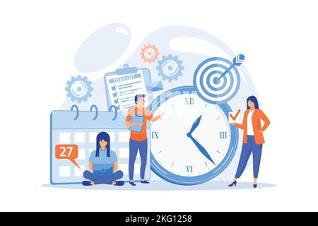 Work schedule, timetable managing. Workflow organization. Effective work scheduling. Time management, effective time spending, time planning concept. Stock Vector
