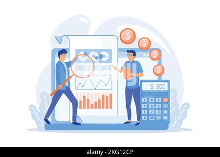 Business analytics flat vector illustration. Marketing metrics, data analysis, financial audit concept. Pie charts and diagrams analyzing. flat vector Stock Vector