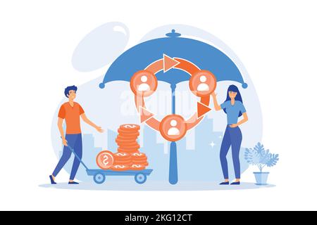 Individuals pool their premiums together to insure against a risk. Peer-to-Peer insurance, P2P collaborative risk, new social insurance concept. flat Stock Vector