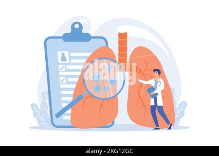 Huge magnifier showing cancer in the lungs and doctor with document folder. Lung cancer, trachea and bronchus concept on white background. flat vector Stock Vector