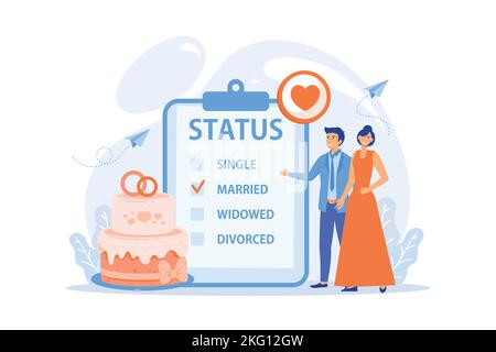 Married couple and marital status on clipboard, tiny people. Relationship status, marital status and separation, marriage and divorce concept. flat ve Stock Vector