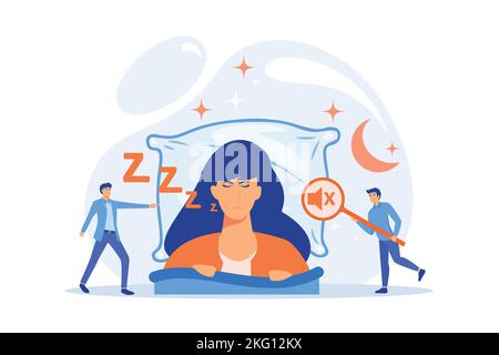 Businessman sleeping in bed and snoring, angry awake tiny people listening. Night snoring, sleep apnea syndrome, snoring and apnea treatment concept. Stock Vector