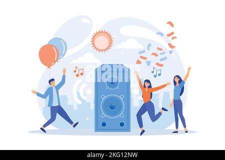 Young tiny people listening to music and dancing in city park at summer party. Open air party, open air event, outdoor dance event concept. flat vecto Stock Vector
