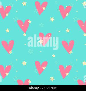 Stars and heart pattern, Love, passion, Valentines Day, Shiny gold stars and pink hearts on blue background. . Vector illustration Stock Vector