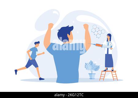 Nurse with syringe doing a doping injection to champion athlete, tiny people. Doping test, performance-enhancing drugs, doping use in sport concept. f Stock Vector
