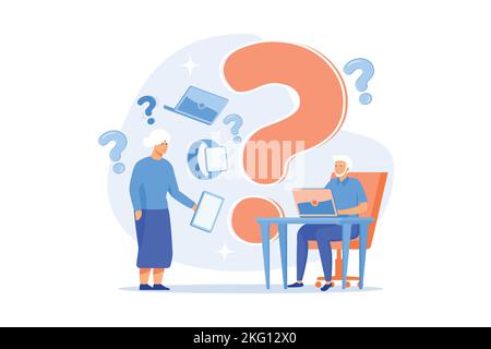 Senior couple modern gadgets handling problems. Low technical communication, trouble with using technology, special devices for older people concept. Stock Vector