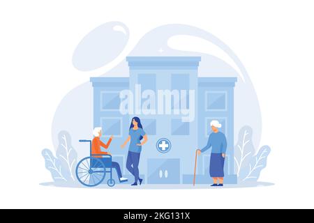 Caregiving, volunteering. Disabled patient support, hospital assistance. Elderly care, senior homesick nursing, elderly care services concept. flat ve Stock Vector