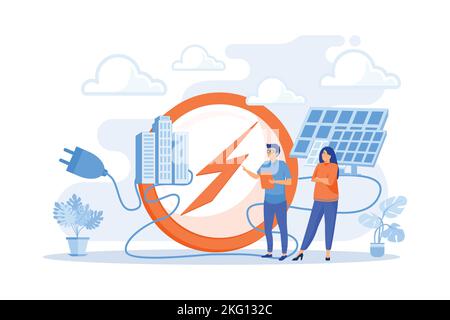 Businessmen use solar energy panels to produce electricity for the city. Solar energy, solar power plant, alternative source of electricity concept. f Stock Vector