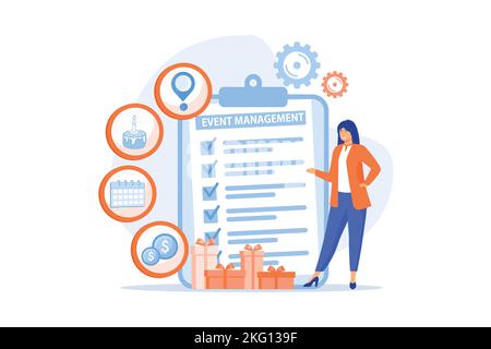Manager with checklist creating event plan and development. Event management and planning service, how to plan an event, planning software concept. fl Stock Vector