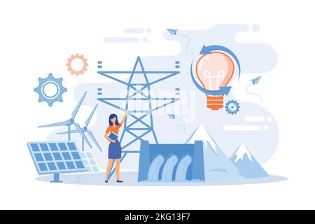 Scientist with sustainable development ideas solar panels, hydropower, wind. Sustainable energy, future-oriented energy, smart energy system concept. Stock Vector